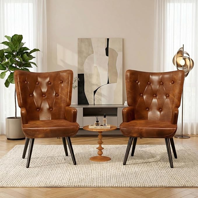 TLSUNNY Accent Chair Comfy Upholstered Armchair with Metal Legs High Backrest Living Room Chair Wingback Chair Mid Century Modern for Living Room/Vanity/Bedroom PU Brown (2 pcs)