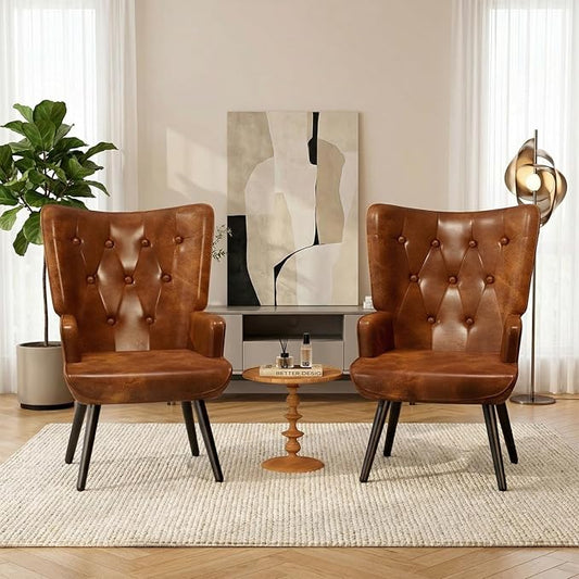 TLSUNNY Accent Chair Comfy Upholstered Armchair with Metal Legs High Backrest Living Room Chair Wingback Chair Mid Century Modern for Living Room/Vanity/Bedroom PU Brown (2 pcs)