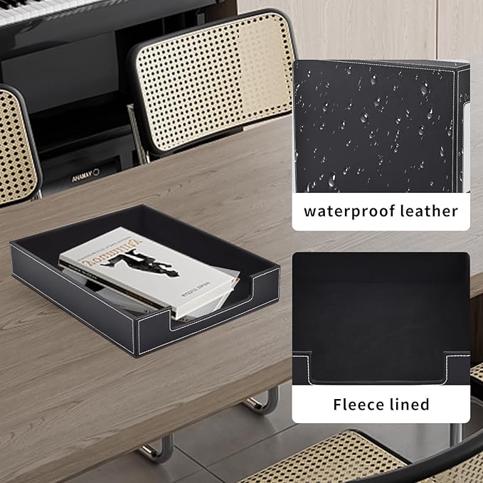 Leather Letter Tray Office Supplies Desk Organizer for Mail Paper Files Magazines Jewelry CosmeticsLuxury Letter Holder&ampMultipurpos Stackable Office Desktop Storage Box Black