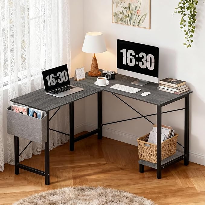 Alpen Gaming Desk Home Office L Shaped Desk Small Computer Corner PC Table with Side Bag and Reversible Shelf Sturdy Writing Workstation for Bedroom Living Room Grey