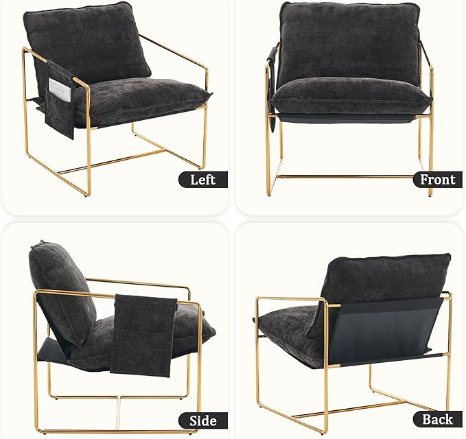 Modern Accent Chair Set of 6 Comfy Reading Armchair with Backrest and Metal Frame Upholstered Living Room Chairs for Bedroom/Office (Dark Gray Gold Legs Set of 6)