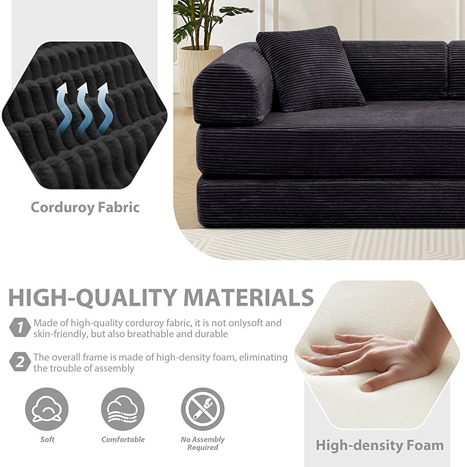78 Convertible Sleeper Sofa Bed with Cylindrical Pillow Corduroy Folding Mattress Couch with Fixed Frame Floor Sofa Lounge Couch for Living Room Bedroom Apartment Black