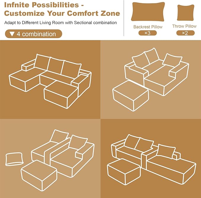 108 Sectional Couches for Living Room Modern Modular Sofa with L-Shape Couchs Upholstered Boneless Couch Deep Seat Sectional Couch with Chaise (Green Left Facing Chaise+2Seaters+1Ottoman)