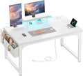 Computer Desk with Monitor Stand &amp 24mm Thicker DesktopGaming Desk with Power Outlets &amp LED LightWhite Writing Desk for Home Office Study Bedroom White