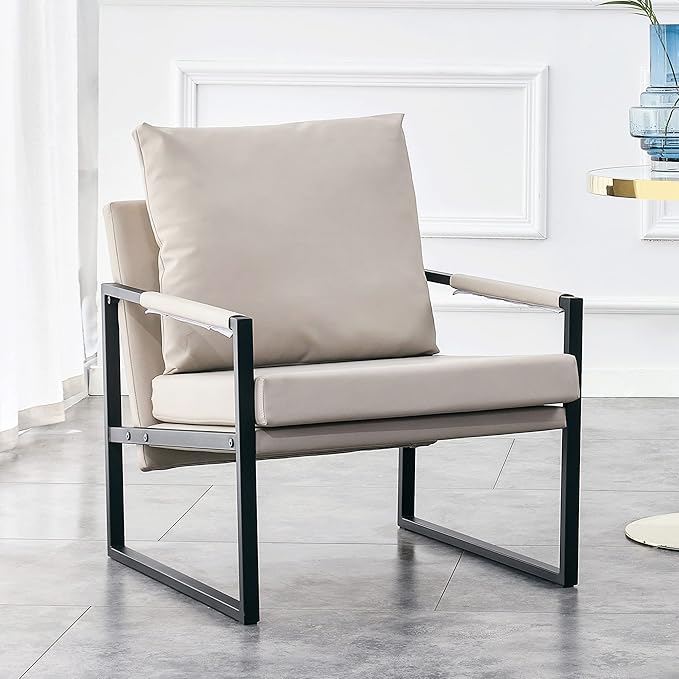 PU Leather Accent Arm Chair Mid Century Modern Upholstered Armchair with Metal Frame Extra-Thick Padded Backrest and Seat Cushion Sofa Chairs for Living Room (Light Brown PU Leather + Metal + Foam)