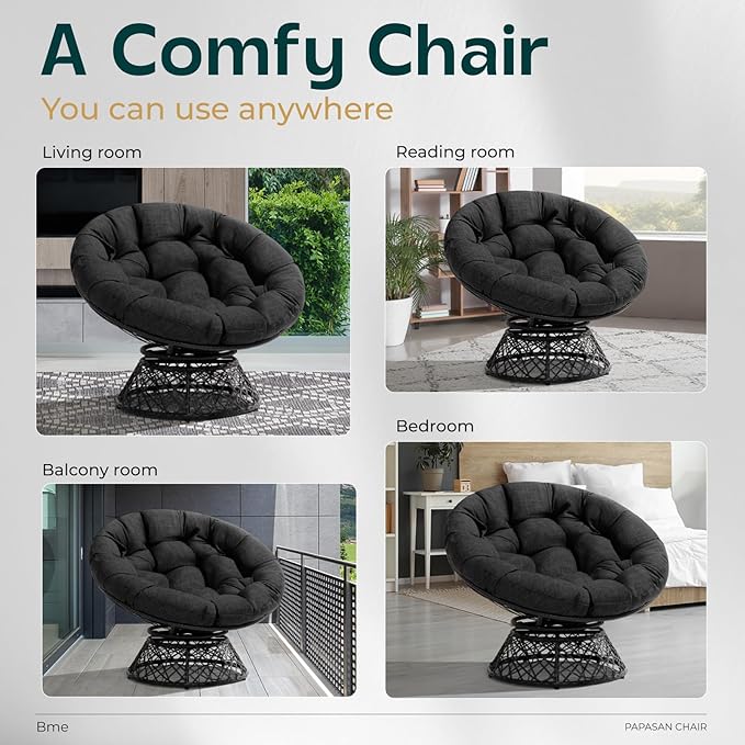 Bme 40 Ergonomic Wicker Papasan Chair with Soft Thick Cushion &amp Frame 360° Swivel Circle Reading Comfy Chair for Living Room Bedroom