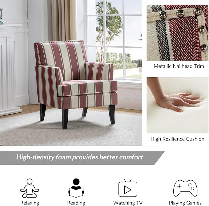 HULALA HOME Modern Accent Chair for Living Room Upholstered Fabric Single Sofa Chair Wingback Armchair with Wooden Legs for Bedroom Office Reading or Waiting Room Stripe Red