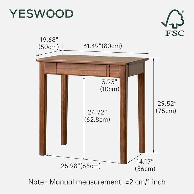 YESWOOD Walnut Desk Solid Wood Home Office Desk Mid-Century Modern Computer Desk with Drawers Writing Desk for Study Bedroom Work 31.49 W