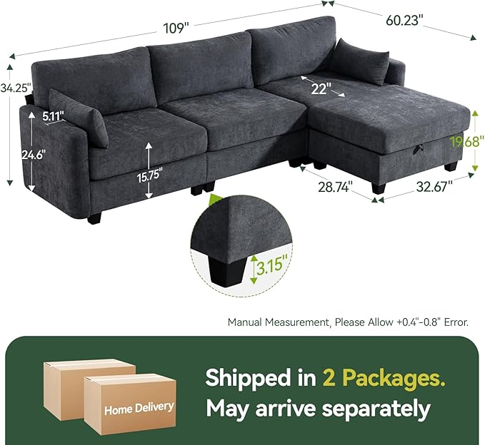 109'' Modular Sectional Sofa L Shaped Couch with Storage Ottoman Comfy Cloud Sofa with Deep Seat 4 Seat Convertible Sectional Couches for Living Room (Gray High Legs 3.15'')
