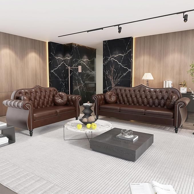 AVZEAR 60 Loveseat Sofa Chesterfield Sofa Mid-Century Modern PU Upholstered 2 Seater Sofa Deep Button Tufted Living Room Sofa with Two Throw Pillows Brown