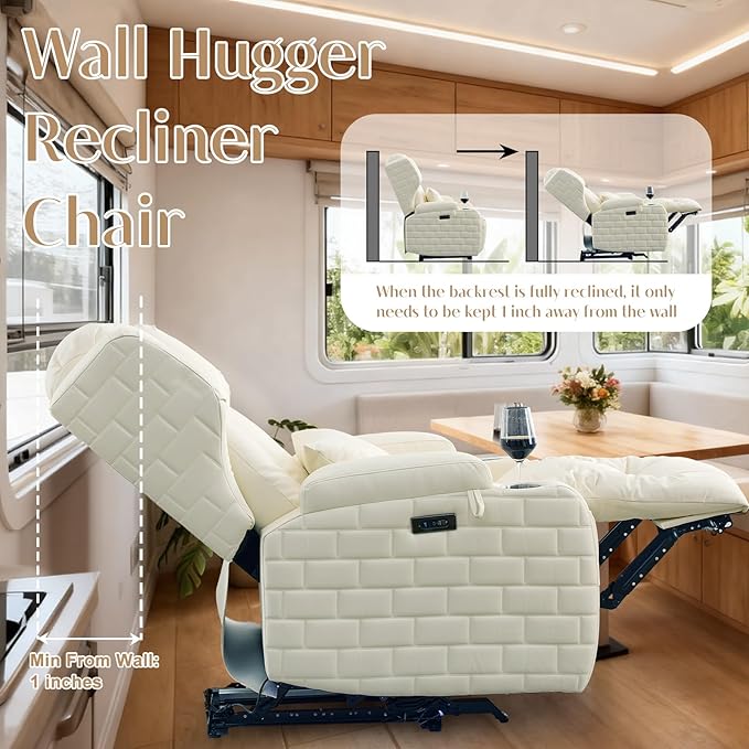 Wall Hugger Power Recliner Chair with Massage &amp Heat Electric Home Theater Reclining Chair with Cup Holder USB Port LED Light Faux Leather Living Room Chair (Beige White Single)