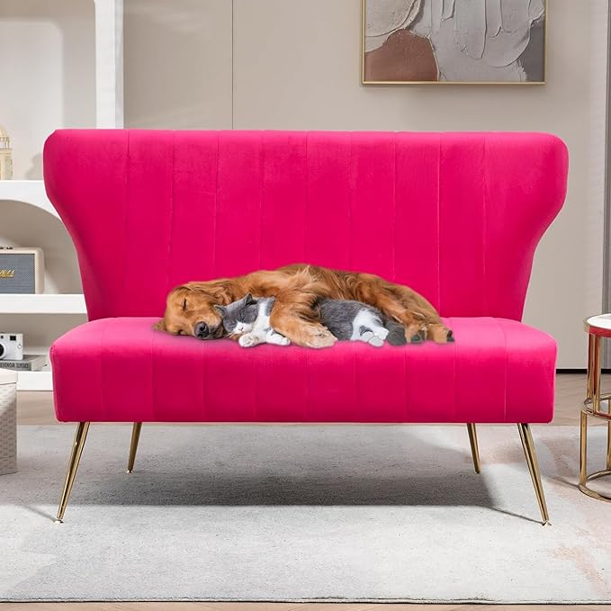 50’’ Armless Loveseat Sofa Comfy Upholstered Velet Small Couch Sofa with Gold Legs 2 Seater Tufted Modern Couch for Living Room Bedroom Apartment Small Space (Fuchsia)