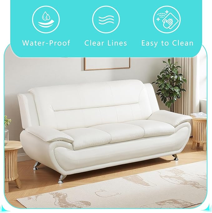 Leather Sectional Sofa Couch Set Living Room Furniture Sets Modern Faux Leather Sofa Couches with Metal Feet Easy Clean 2 Loveseat &amp 1 Chair for Home/Office/Club/Hotel 2+2+1 Cream White