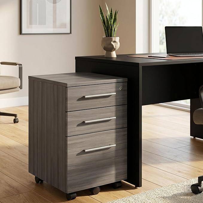 NBF Office Files Pedestal Cabinet - 3 Drawer File Cabinet with Lock - Laminate Office Filing Cabinets - Modern Mobile File Cabinet Document Storage (26 H Warm Ash)