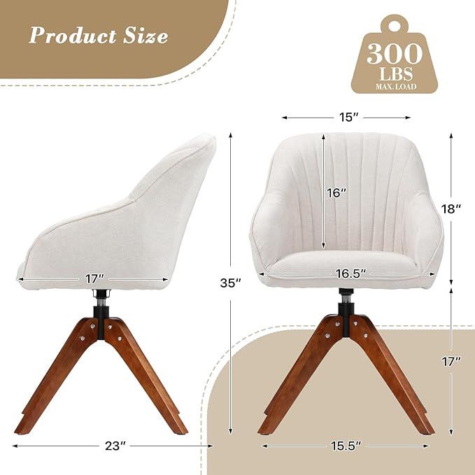 Athena Collection Modern Accent Chair Comfy Swivel Reading Chair for Adults Soft Upholstered Fabric Armchair with Wooden Legs for Living Room Bedroom Dorm Office White