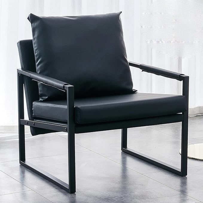 Mid Century Modern PU Leather Accent Arm Chair with Metal Frame and Thick Padded Backrest Upholstered Lounge Armchair Sofa for Living Room Bedroom