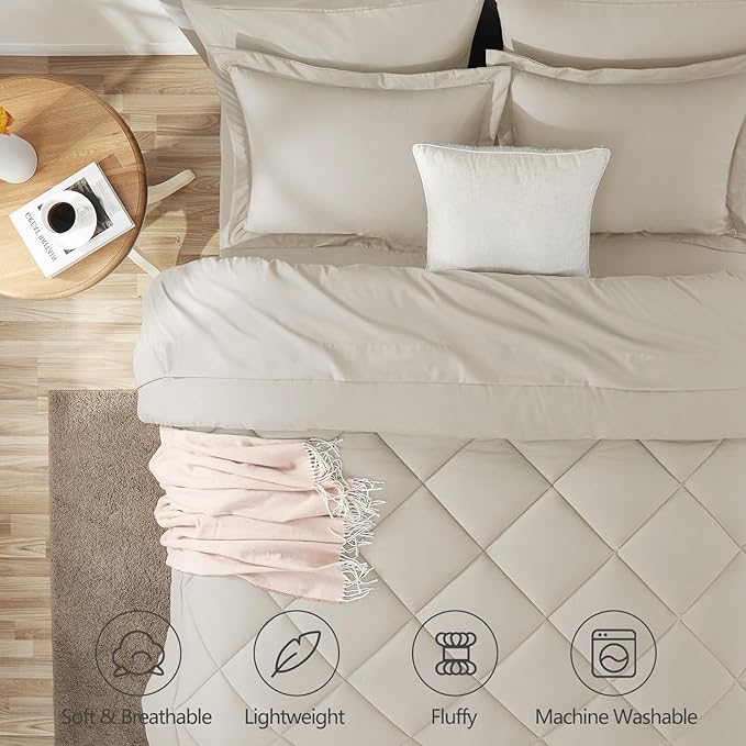 CozyLux King Size Comforter Set Beige - 7 Pieces Bed in a Bag King Luxury Soft Bed Set for All Seasons Bedding Set with Down Alternative Comforter Sheets Pillowcases &amp Shams
