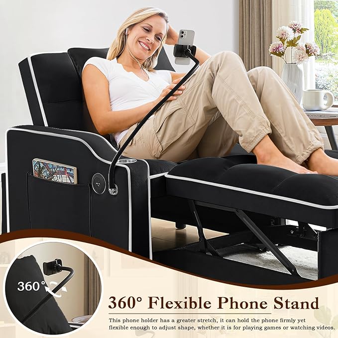 KINFFICT Sleeper Sofa Chair Bed Convertible 3-in-1 Sofa Armchair Adjustable Sleeper Chairs with Pullout Bed Single Lounger Futon with Side Pockets for Living Room (Black)