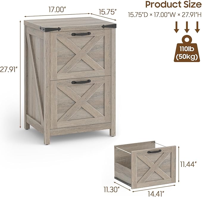 2 Drawer Small File Cabinet Farmhouse Vertical Filing Cabinet Fits Letter and A4 Size Under Desk Wooden File Cabinets for Home Office Printer Stand Grey
