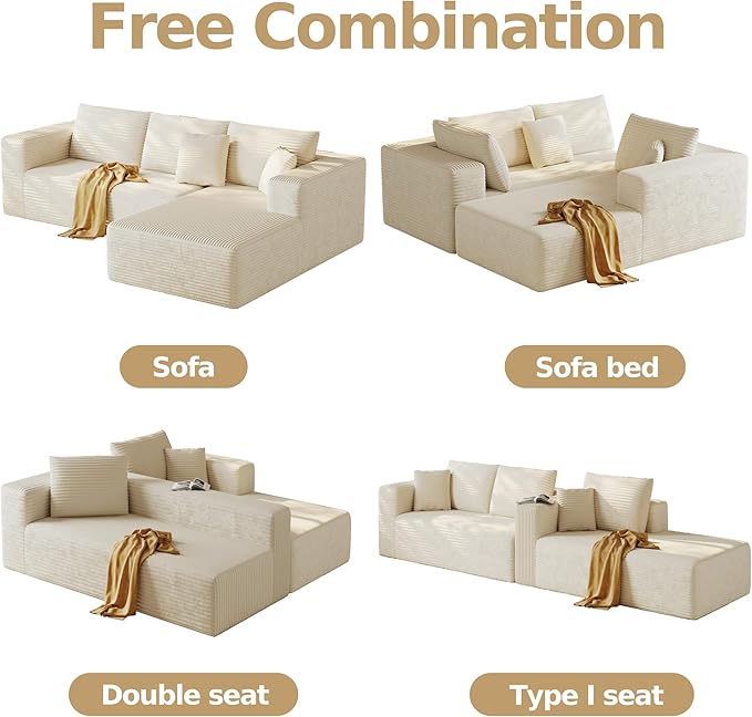 108'' Sectional Boneless Couches for Living RoomCloud Sectional Couch with L-Shape ChaiseModern Corduroy Modular Sofa with Deep SeatNo Assembly Required(Right Facing ChaiseBeige)