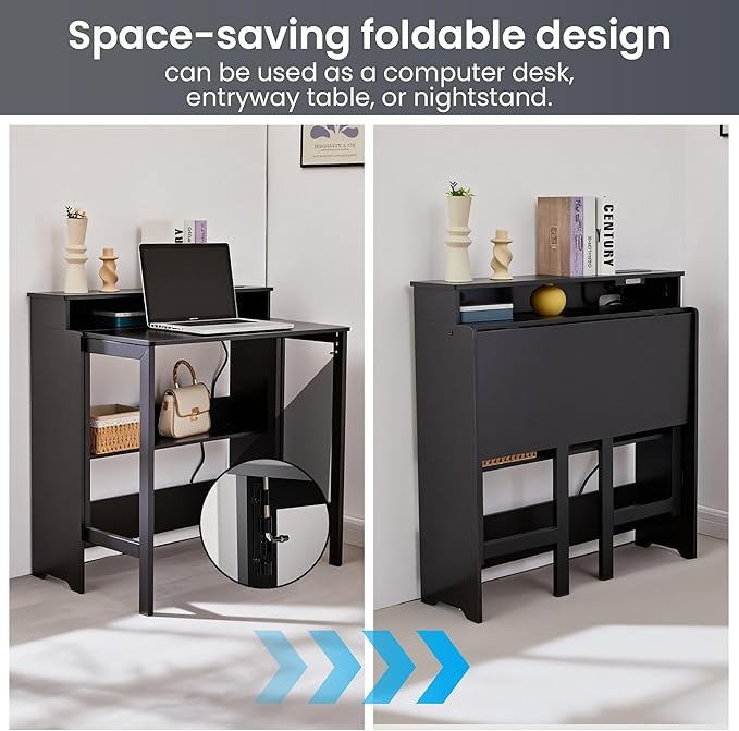 Folding Desk with Charging StationFold Out Desk with Monitor StandStorage ShelfSmall Foldable Computer Desk for Compact Home Office Spaces (Black)