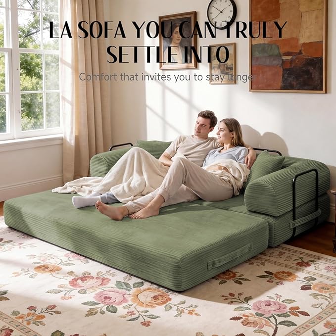 79 Corduroy Sofa Bed Boneless Couch in a Box with 2 Pillows High-Density Foam 4-in-1 Foldable Sleeper Futon Loveseat for Small Spaces No Assembly Side Pockets Green