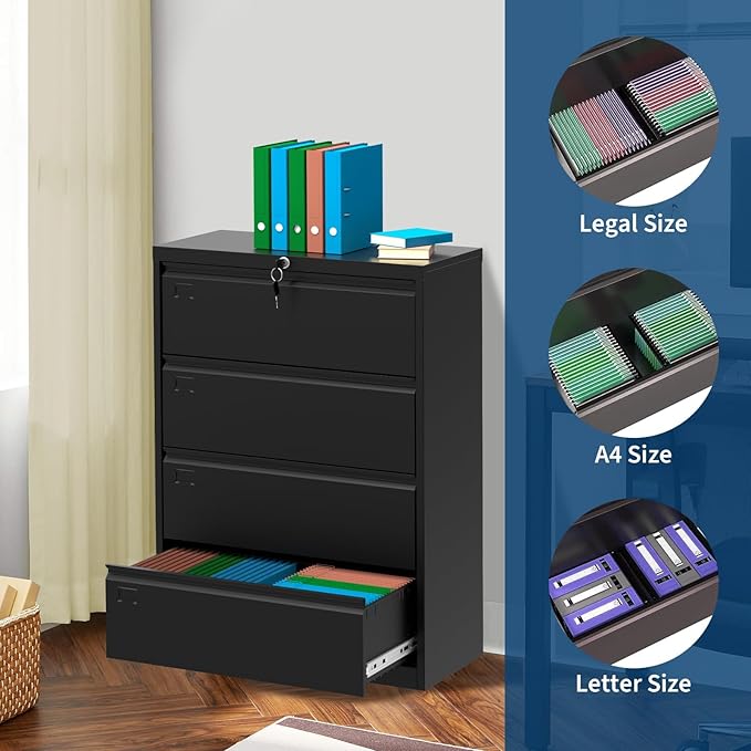 4-Drawer Lateral File Cabinet with Lock Heavy Duty Metal Filing Cabinet for Letter/Legal/A4 Documents Space-Saving Office Storage Organizer for Home Office Easy Assembly Black