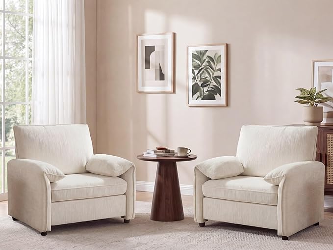 Oversized Accent Chair Modern Armchair for Living Room Wide Reading Chair w/Deep Seat Springs Cushion Chenille Armchair w/Pillow Arm Single Sofa Chair for Bedroom Apartment Office Beige
