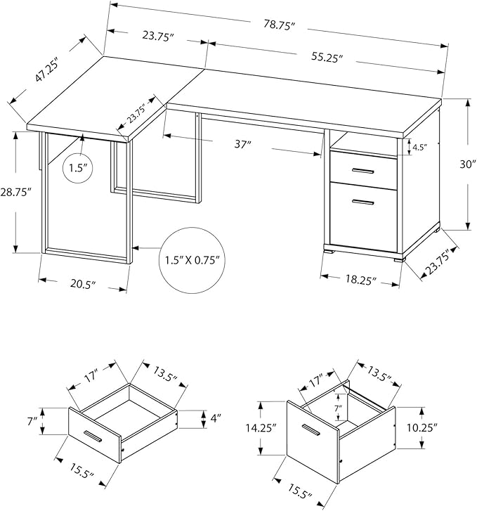 Monarch Specialties I 7257 Computer Desk Home Office Corner Left Right Set-up Storage Drawers 80L L Shape Work Laptop Metal Laminate Grey