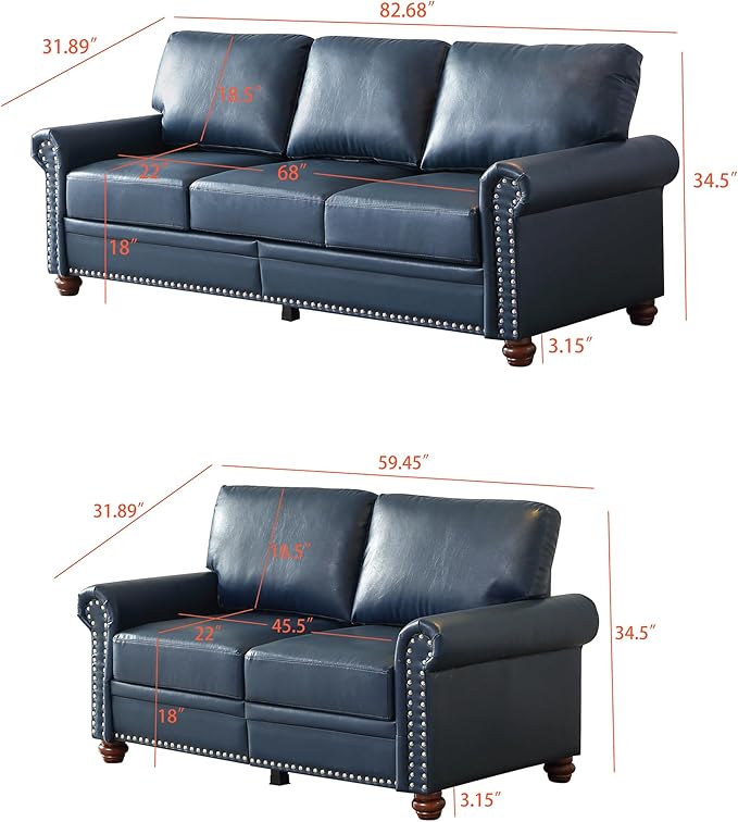 Faux Leather Sofa Set of 2: Love Seat +3 Seat Couch Underseat Storage Classic Sofa Elegance Rolled Armrests Nailhead Trim Wood Legs Classic Living Room Accent 2+3 Seat-Navy Blue