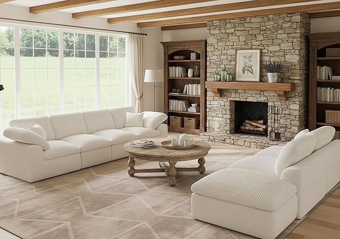 Cloud Sectional Couches for Living Room 7 Seater Cloud Modular Couch L Shaped Corduroy Sectional Sofas with Ottoman Boneless Comfy Sofa for Apartment No-Assembly Cream