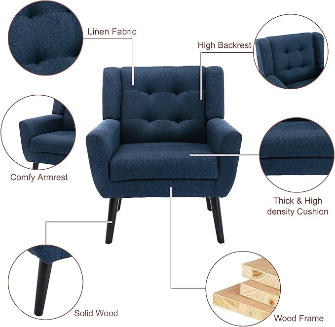 SSLine Linen Accent Arm ChairMid-Century Modern Upholstered Wingback Single Sofa Armchair Club Chair with Solid Wood Legs Thick Cushion for BedroomReadingLiving Room Chair (Blue)