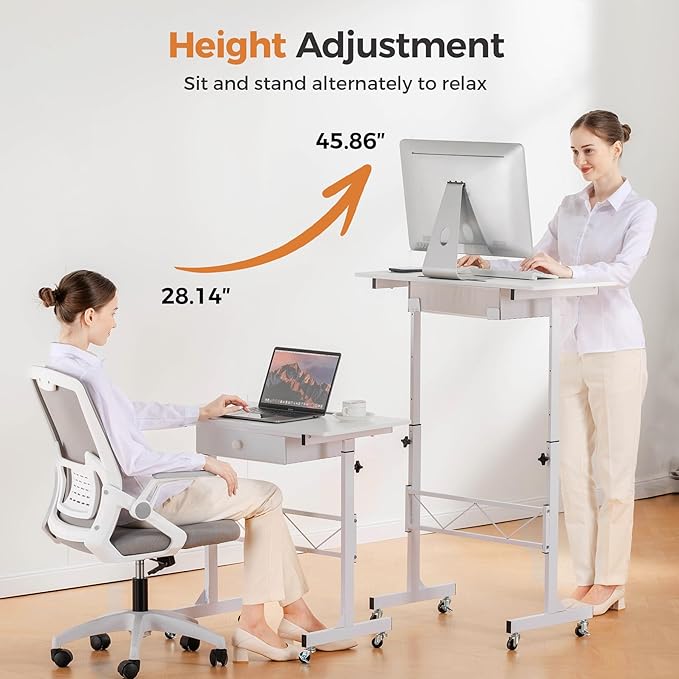 COMHOMA Small Standing Desk Adjustable Height Small Computer Desk Mobile Portable Rolling Laptop Table with Wheels 32 Computer Workstation Sit Stand Desks Portable Standing Table Treadmill desks