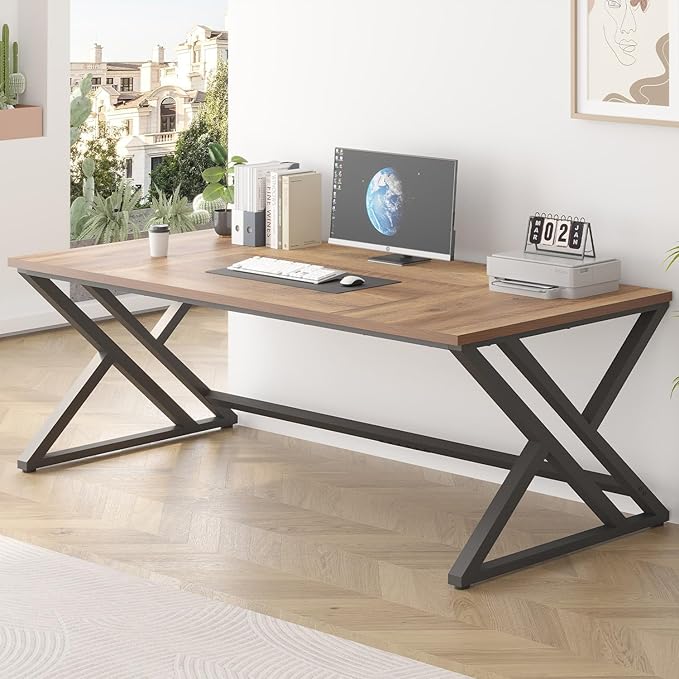 LVB Rustic Large Computer Desk Extra Long Industrial Home Office Desk Wood Pc Writing Work Study Computer Table Desk Farmhouse Workstation Gaming Executive Desk for 2 Person Rustic Oak 78.7 Inch