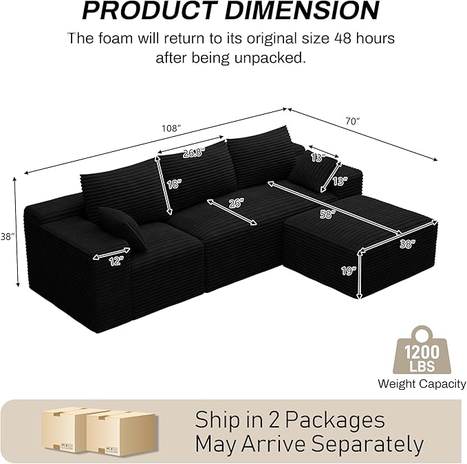 108 Sectional Couches for Living Room Comfy L Shaped Boneless Couches Modern Deep Seat Modular Sofa Cloud Corduroy Couch with Movable Ottoman No Assembly Needed Black