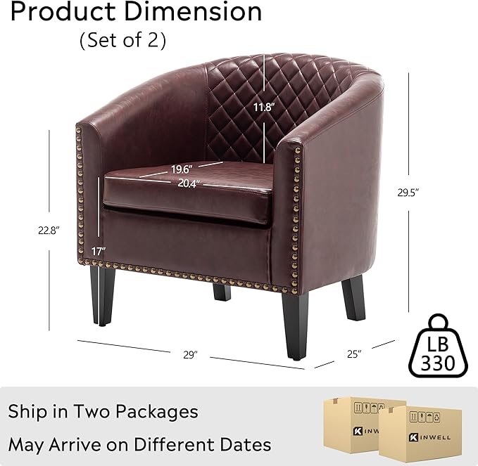 KINWELL 29 W Faux Leather Barrel Chairs Set of 2 Modern PU Upholstered Tufted Club Chairs with Nailhead Trim Small Armchairs Accent Chairs for Living Room Bedroom Apartment Lounge Nursery Red