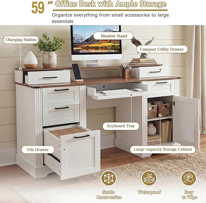 59-inch Farmhouse Home Office Desk with Charging Station – Wooden Office Study Desk with File Drawers and Storage Cabinet Barn Door Design Computer Desk for Study Living Room or Office (White)