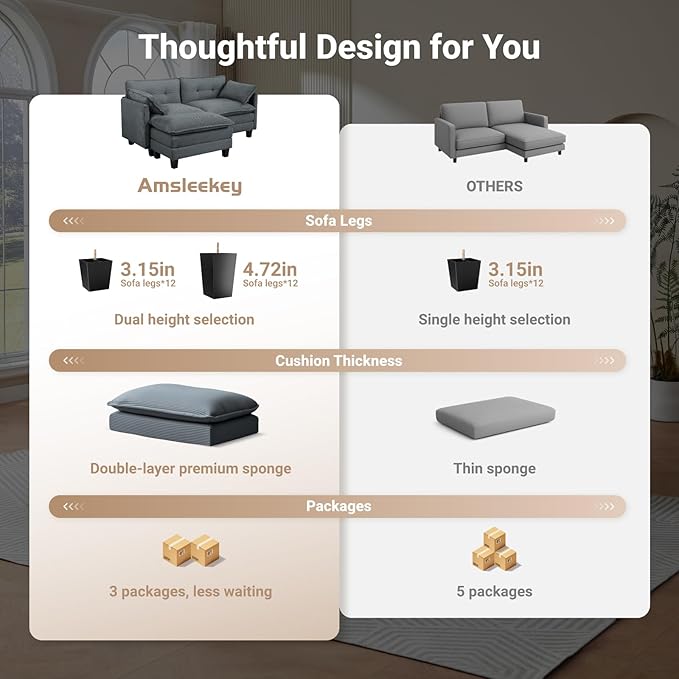 Modular Sectional Sofa 76.5 L-Shaped Corduroy Comfy Sectional Couches for Living Room 2-Seater Cloud Couches with 1 Movable Ottoman Flexible Combination Modern Deep Seat Sofa (Grey)