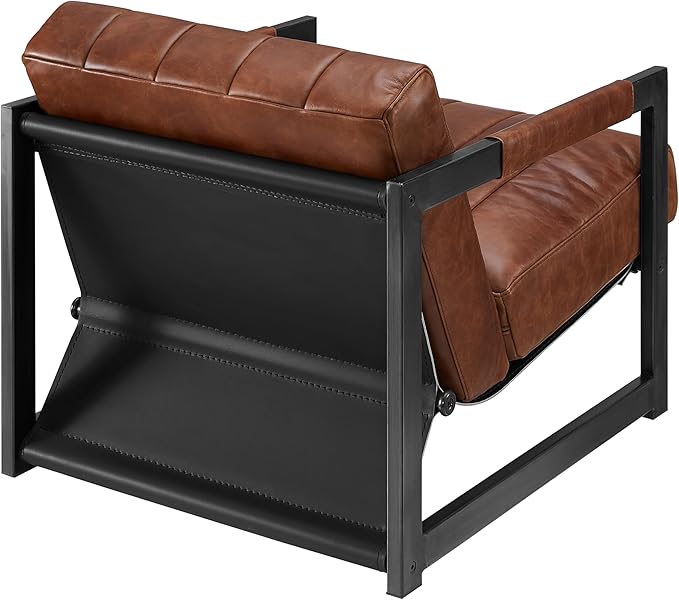 Art Leon Genuine Leather Accent Chair Mid Century Modern Arm Chair with Black Metal Frame Single Sofa Chair for Living Room Bedroom Red Brown