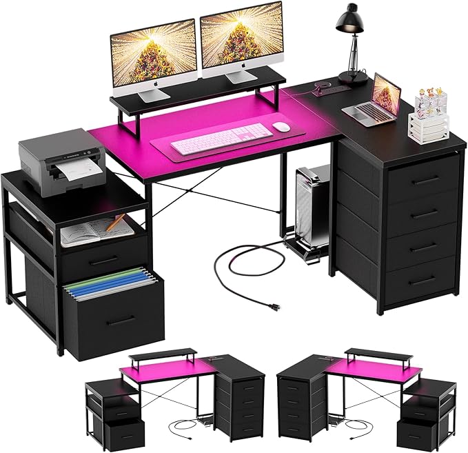 Unikito Reversible L Shaped Computer Desk with Fabric File Drawers 70.8 Large Office Corner Desk with RGB LED Lights &amp Power Outlets &amp Monitor Stand &amp CPU Stand Sturdy L Shape Gaming De