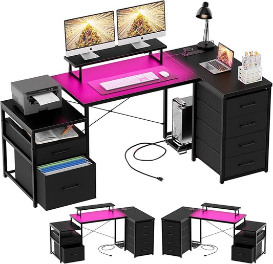 Unikito Reversible L Shaped Computer Desk with Fabric File Drawers 70.8 Large Office Corner Desk with RGB LED Lights &amp Power Outlets &amp Monitor Stand &amp CPU Stand Sturdy L Shape Gaming De