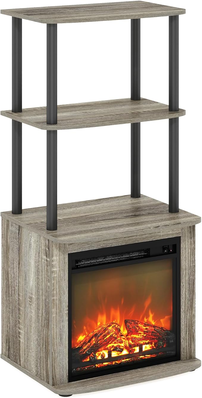 Furinno Turn-N-Tube 2-Tier Tall TV Entertainment Side Table Display Rack with Fireplace Insert French Oak Grey/Black