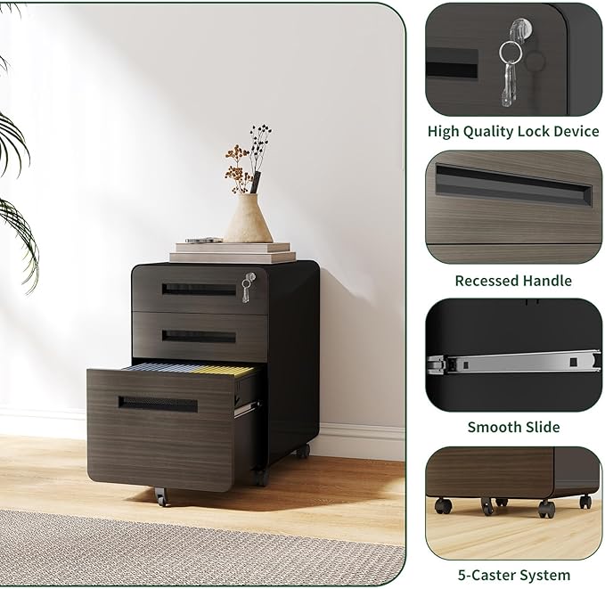 3 Drawer Filing Cabinet Lockable Metal File Cabinet Mobile File Cabinets for Home Office Under Desk Cabinets for Organizer A4/Letter/Legal Fully Assembled (Black)