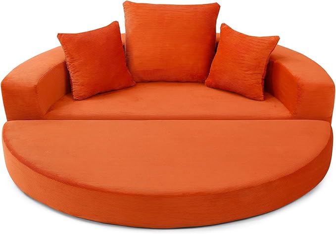 Orange Boneless Loveseat Couch - 67 Circular Convertible Sofa Bed No Assembly Corduroy Folding Floor Futon with Pillows for Small Spaces (Orange)