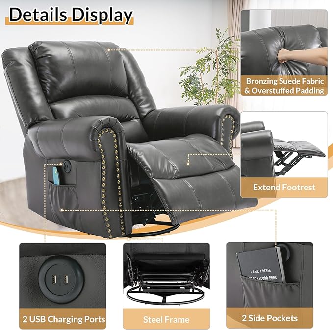 Manual Massage Recliner with Heating Function 360° Swivel Glider Rocking Recliner Chair for Living Room Ergonomic Single Sofa Chair with Remote Control/USB Ports/Side Pockets(Gray)