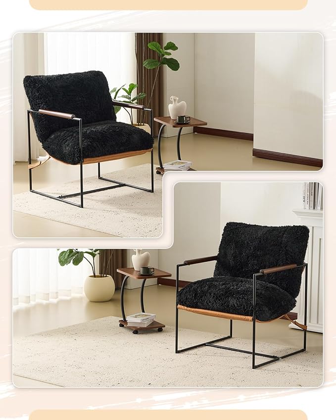 Karl home Modern Accent Chair Plush Fleece Upholstered Living Room Chair with Metal Frame Wooden Armrest Comfy Lounge Armchair for Living Room Bedroom Balcony Reading Room Black