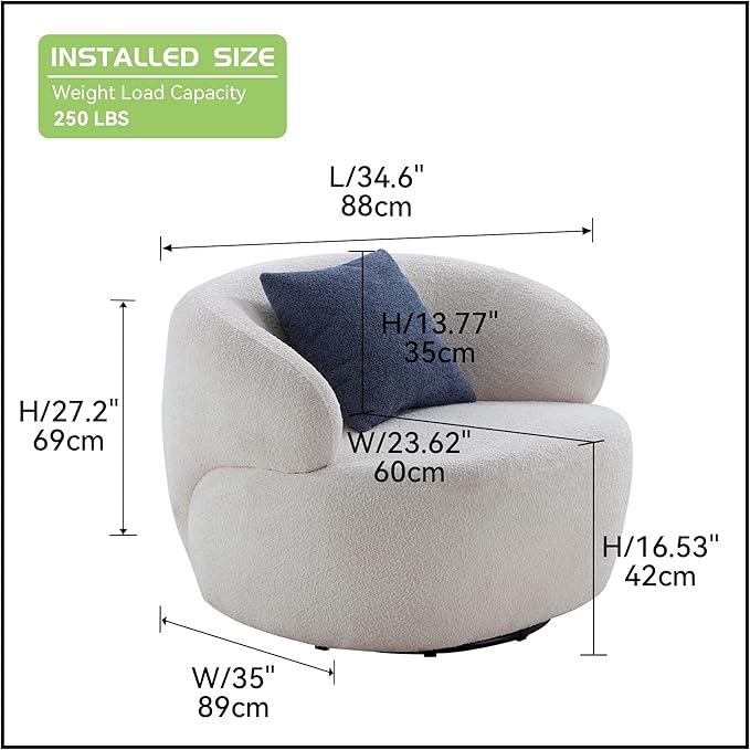 KEVINSPACE Swivel Accent Chair SwivelChairs for Living Room SwivelBarrelChair Round SwivelChair CornerChair Small Modern AccentChair Boucle 360°SwivelChair with Pillow Chair for Bedroom 35 W