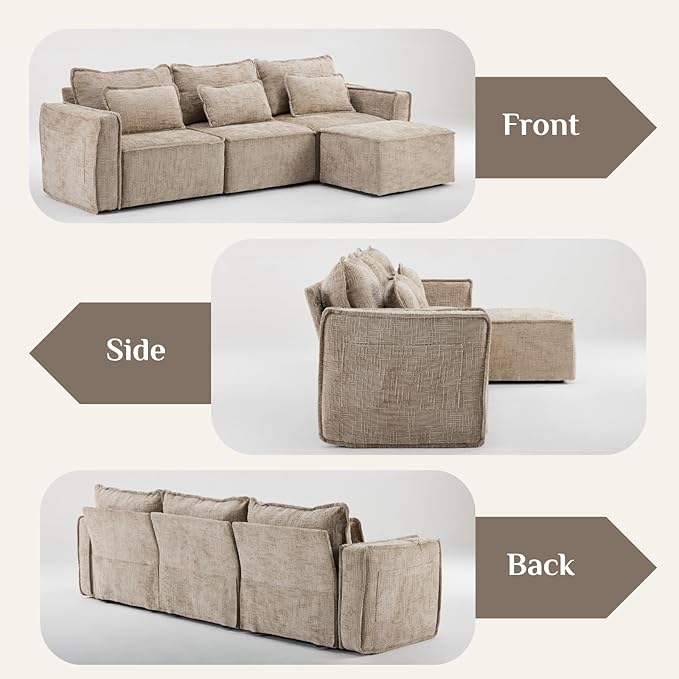 Karl home 110 Cloud Sectional Couches with Moveable Ottoman 3 Seat Boneless Modular Sofa Set L-Shape Convertible Couche with Chenille Upholstery for Living Room Apartment Studio Khaki