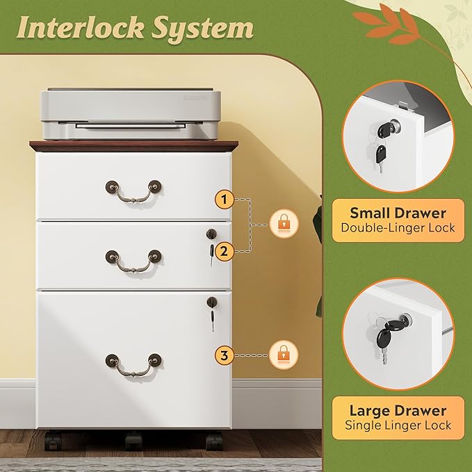DEVAISE File Cabinet 3-Drawer Small Office Furniture with Lock Rolling Under Desk Filing Cabinet for Home Office White