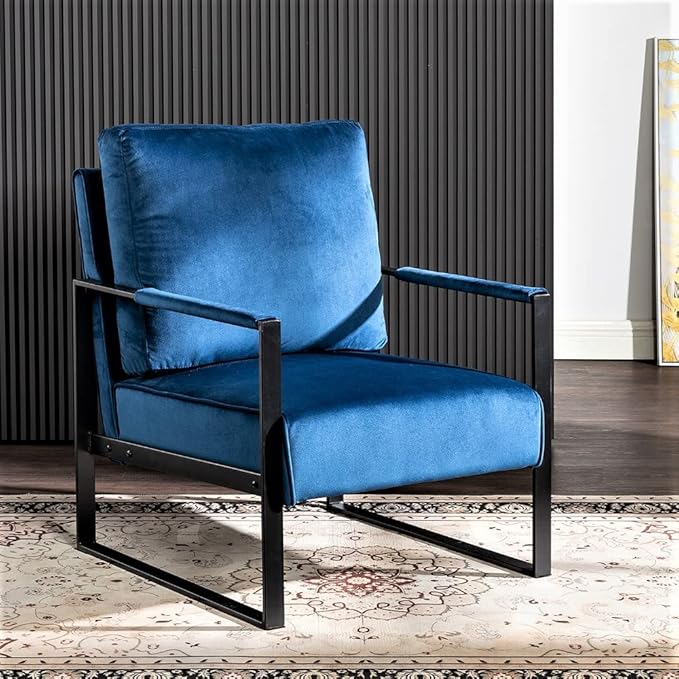 Classic Mid Century Modern Accent Chair with Square Metal e Armchair for Living Room Bedroom Home Office in Plush Velvet Upholstery Blue